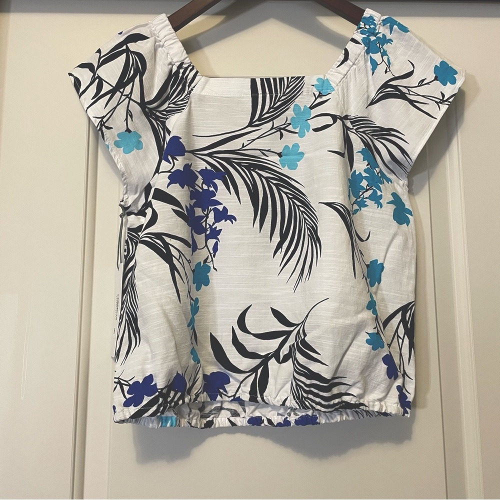 Liz Claiborne Cap Sleeve Top Square Neck White & Black Palms & Blue Flowers NWT!
